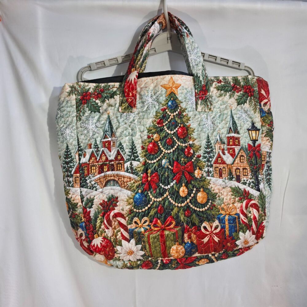Unbranded Holiday Christmas Tree Village Quilted Tapestry Tote Bag Multi - Picture 2 of 3